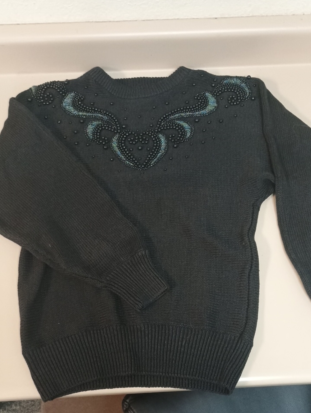 Embellished Dark Green Crewneck Sweater - Women's